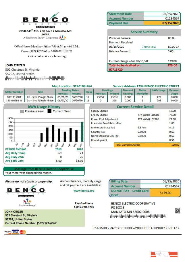 USA Minnesota Benco Elecric electricity easy fillable utility bill template in Word and PDF format (.doc and .pdf)